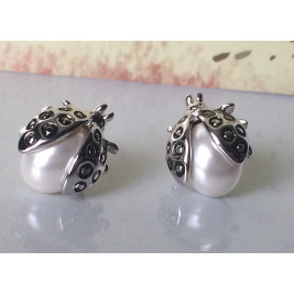 Earrings Ladybugs white pearl silver